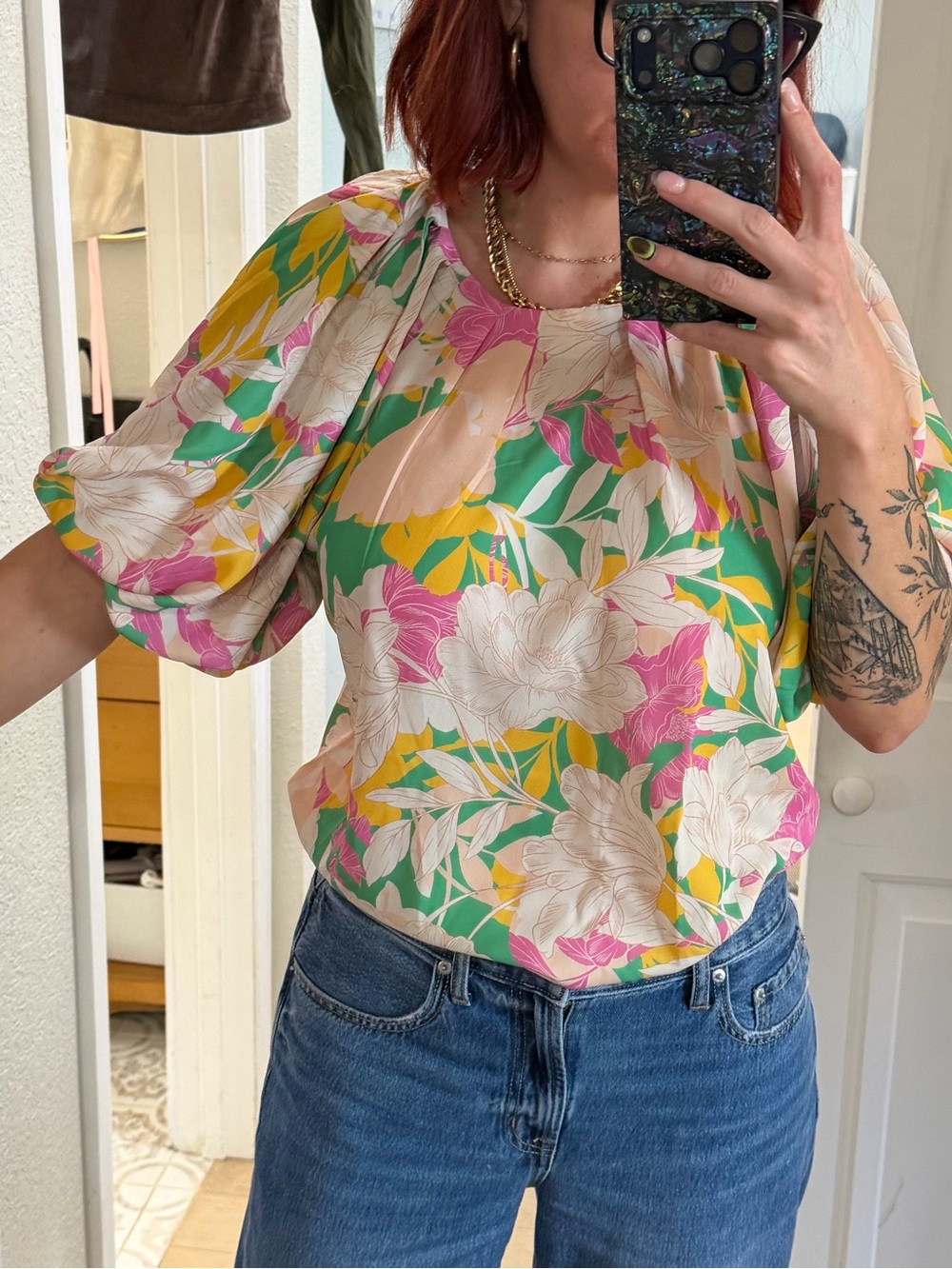 Floral Puff-Sleeve Dress Top in Green, Pink & Yellow